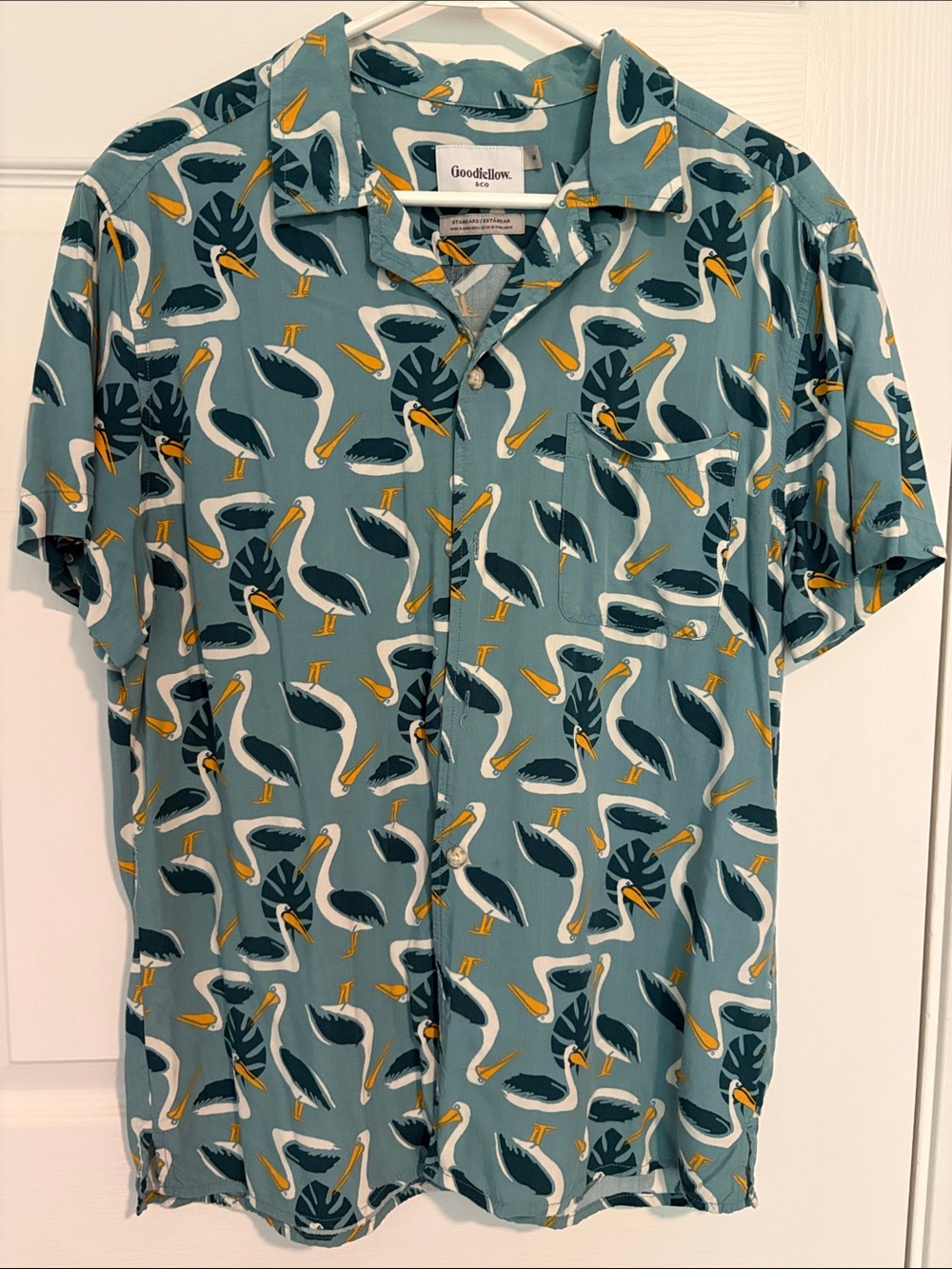 Goodfellow & Co Teal Pelican Print Short Sleeve Button-Up Shirt